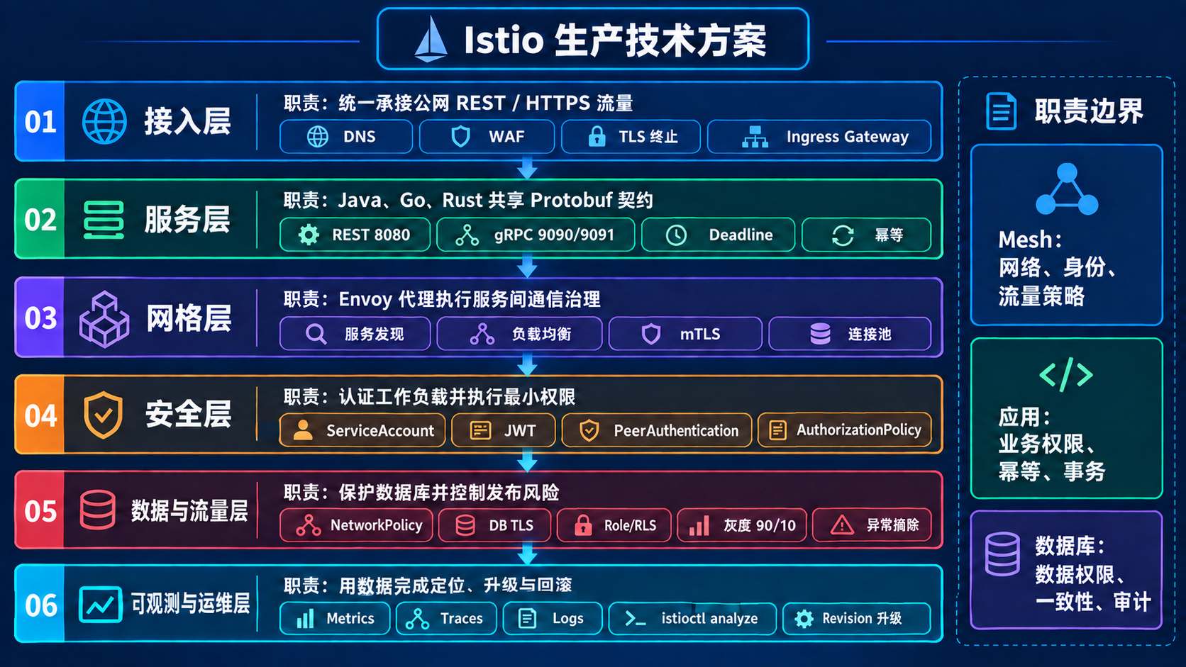 Istio 生产技术方案:从公网接入、跨语言 REST 与 gRPC 服务、Envoy 网格治理、工作负载身份与最小权限,到数据库保护、灰度发布和可观测运维的六层落地方案